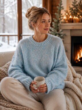 100% Mohair Sweater Women's XL Blue Fuzzy Soft Crew Neck Long Sleeve Pullover